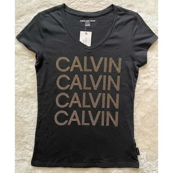 NWT Calvin Klein Jeans Black Embellished V-neck T-shirt - Picture 1 of 4